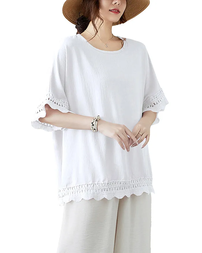 ellazhu Women's T-Shirt Crewneck Half Sleeve Solid Color Flowy Lace Hem Loose Oversize Summer GA2756