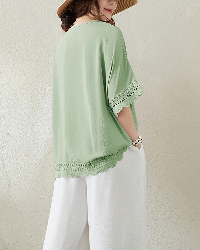 ellazhu Women's T-Shirt Crewneck Half Sleeve Solid Color Flowy Lace Hem Loose Oversize Summer GA2756
