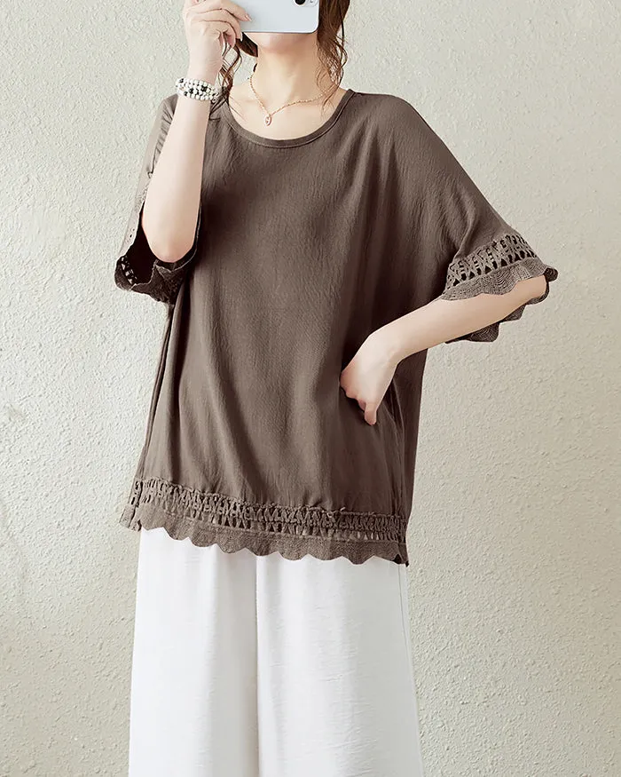 ellazhu Women's T-Shirt Crewneck Half Sleeve Solid Color Flowy Lace Hem Loose Oversize Summer GA2756