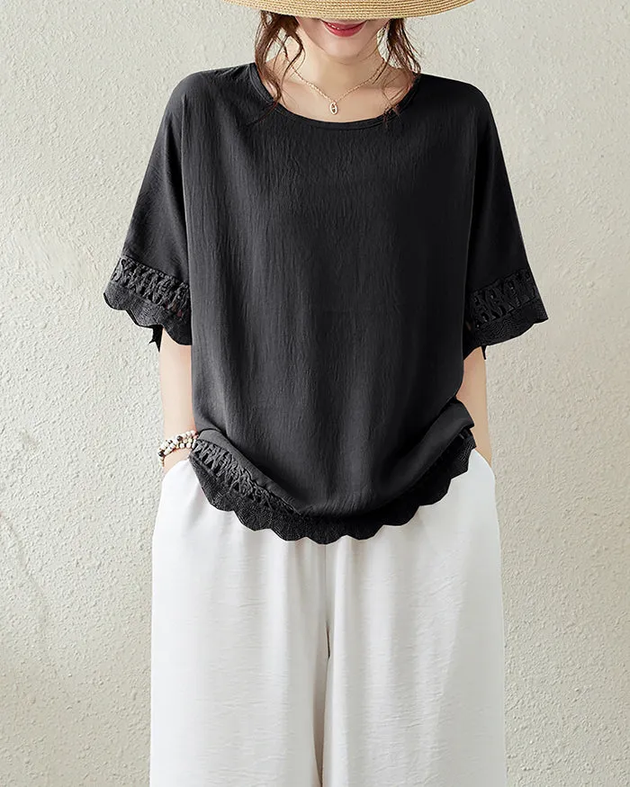 ellazhu Women's T-Shirt Crewneck Half Sleeve Solid Color Flowy Lace Hem Loose Oversize Summer GA2756