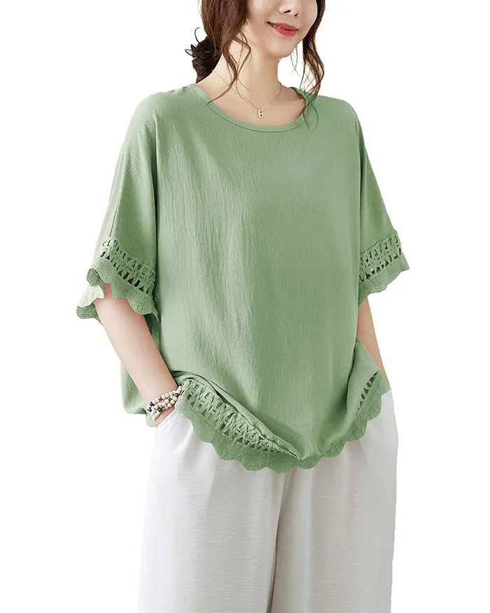 ellazhu Women's T-Shirt Crewneck Half Sleeve Solid Color Flowy Lace Hem Loose Oversize Summer GA2756