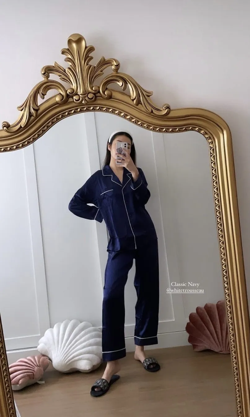 Emma Pure Silk Long Woman Pyjamas Set | Navy