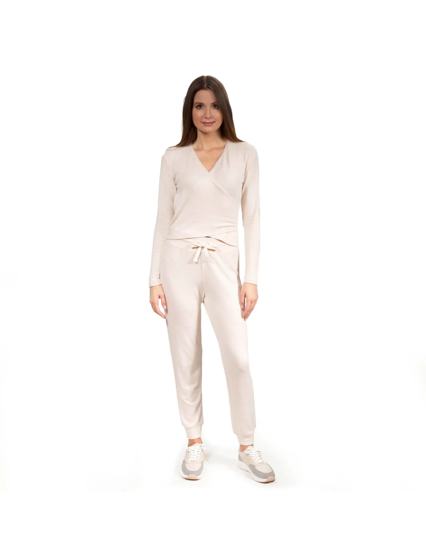 Ensemble Homewear T-shirt cache-cœur et pantalon jogger Beige