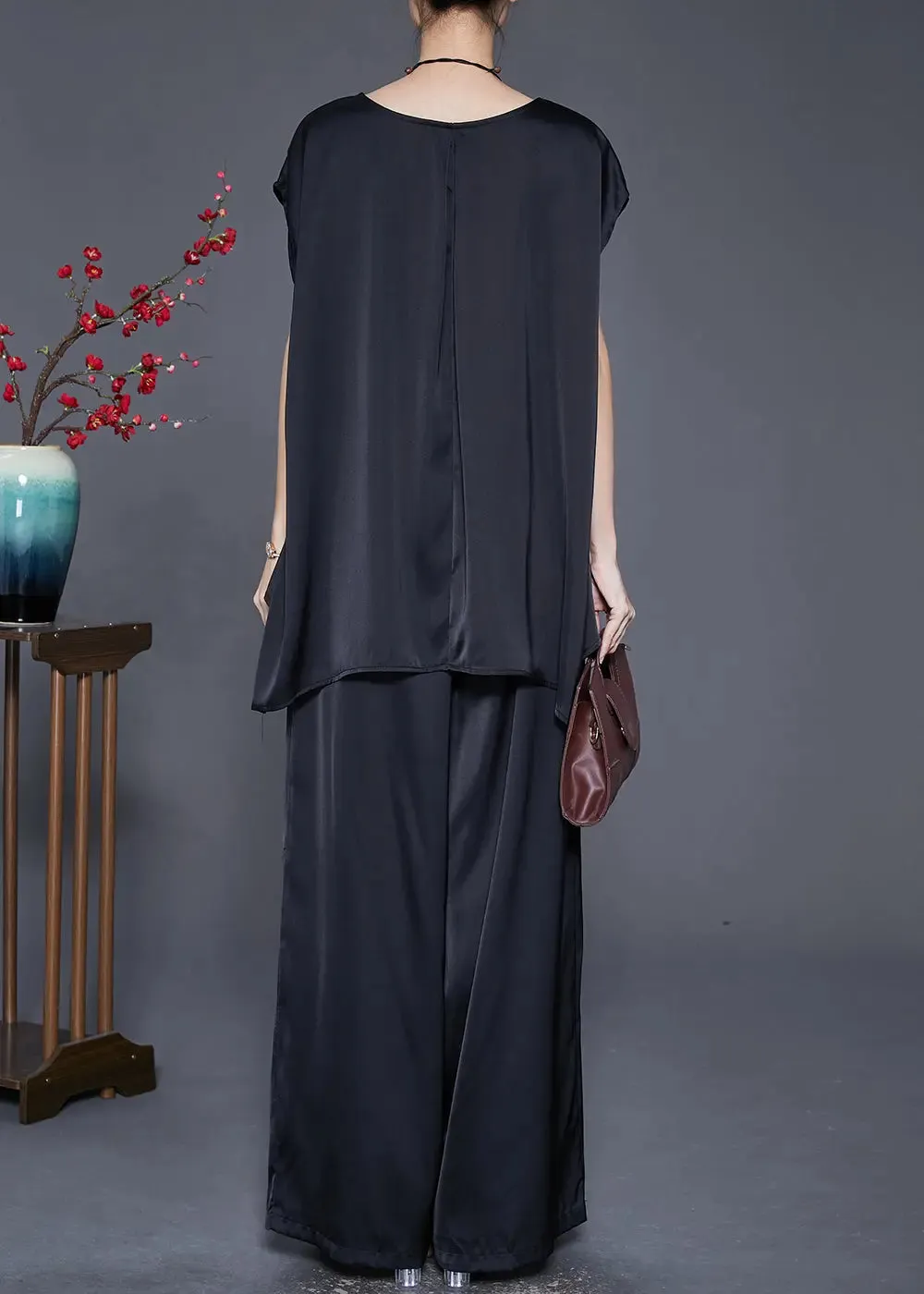Fashion Black Oversized Draping Ice Silk Two Pieces Set Sleeveless LY8766