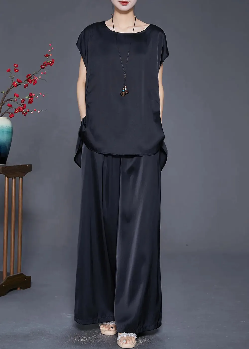 Fashion Black Oversized Draping Ice Silk Two Pieces Set Sleeveless LY8766