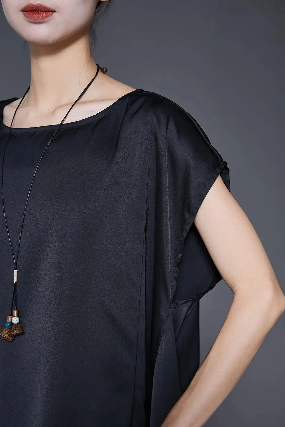 Fashion Black Oversized Draping Ice Silk Two Pieces Set Sleeveless LY8766