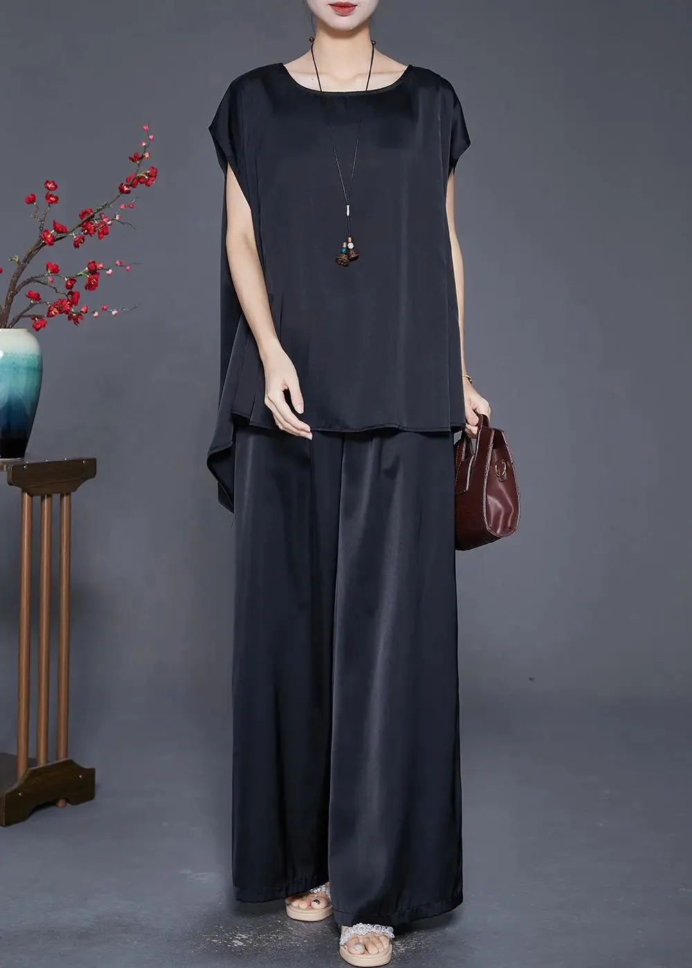 Fashion Black Oversized Draping Ice Silk Two Pieces Set Sleeveless LY8766