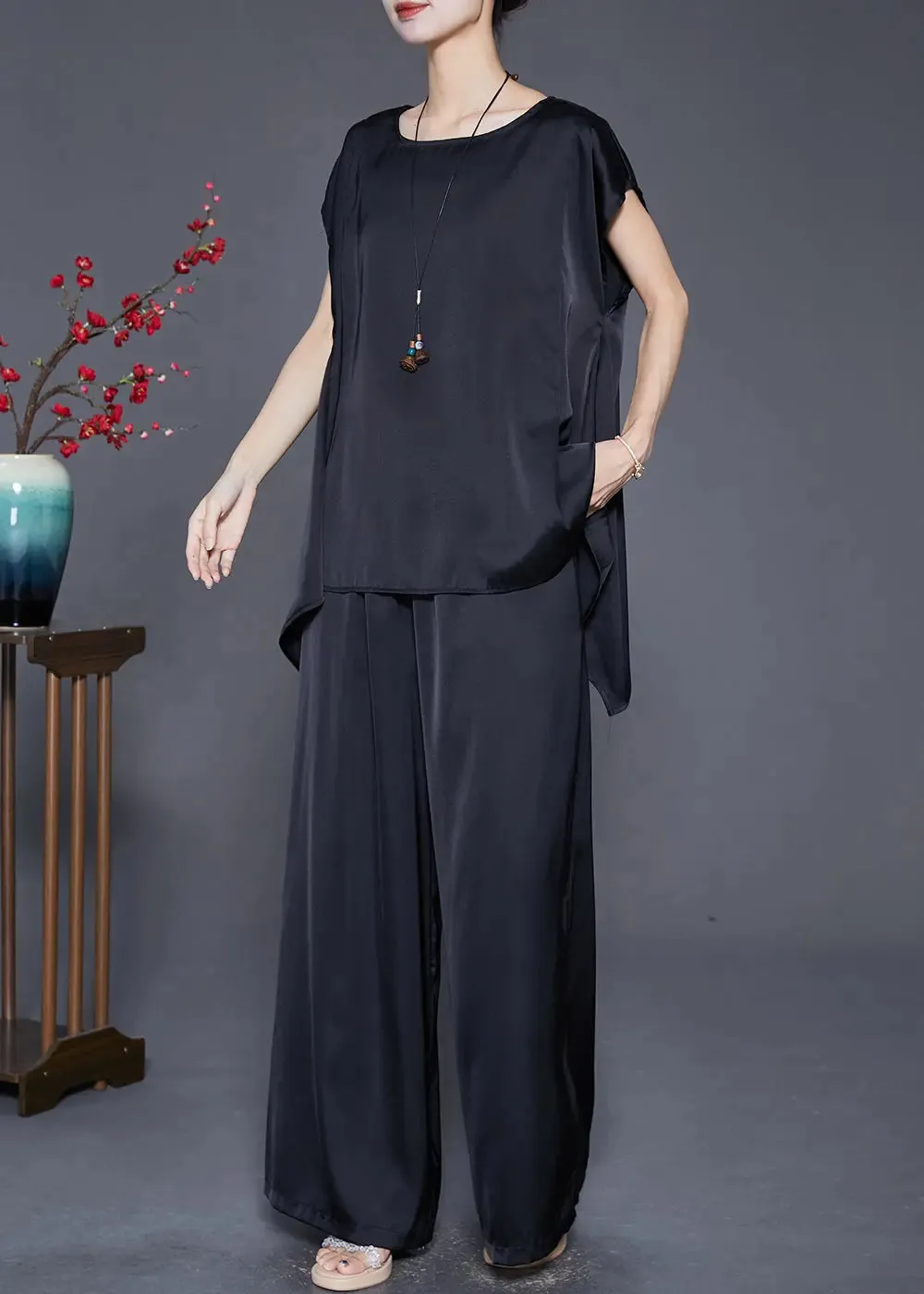 Fashion Black Oversized Draping Ice Silk Two Pieces Set Sleeveless LY8766