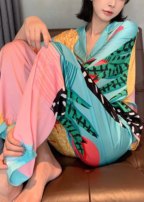 Fashion Peter Pan Collar Print Button Ice Silk Pajamas Two Pieces Set Spring LY1914