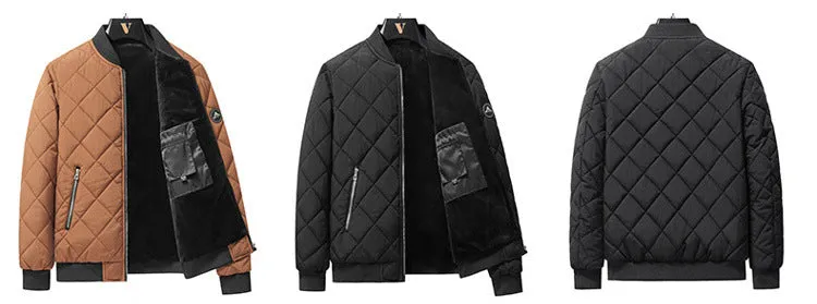Fashion Rhombic-sewing Design Cotton Coat Winter Warm Thickened Baseball Jacket Casual Solid Color Outwear Clothing For Men