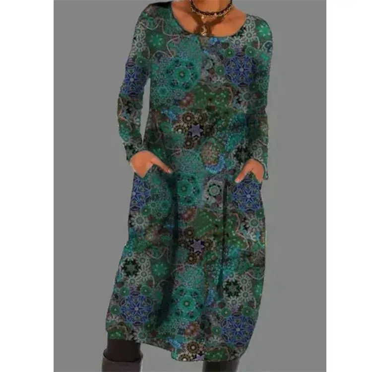 FashionSierra - 2024 Loose Vintage Ruffles Printed Full Sleeve Boho Dress