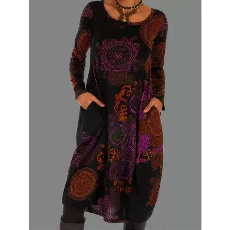FashionSierra - 2024 Loose Vintage Ruffles Printed Full Sleeve Boho Dress