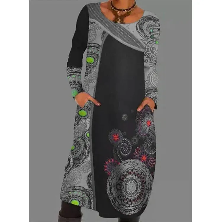 FashionSierra - 2024 Loose Vintage Ruffles Printed Full Sleeve Boho Dress