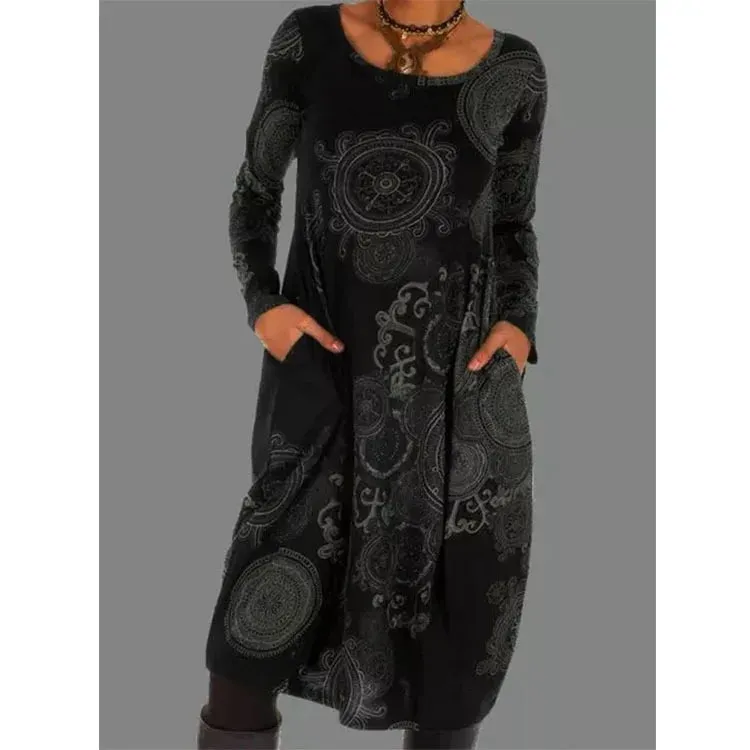 FashionSierra - 2024 Loose Vintage Ruffles Printed Full Sleeve Boho Dress