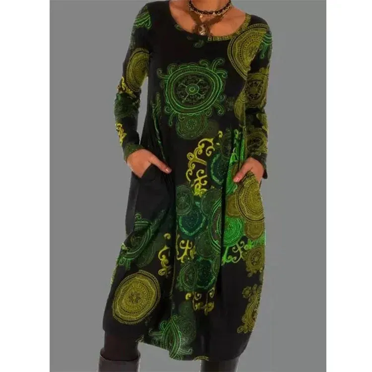 FashionSierra - 2024 Loose Vintage Ruffles Printed Full Sleeve Boho Dress