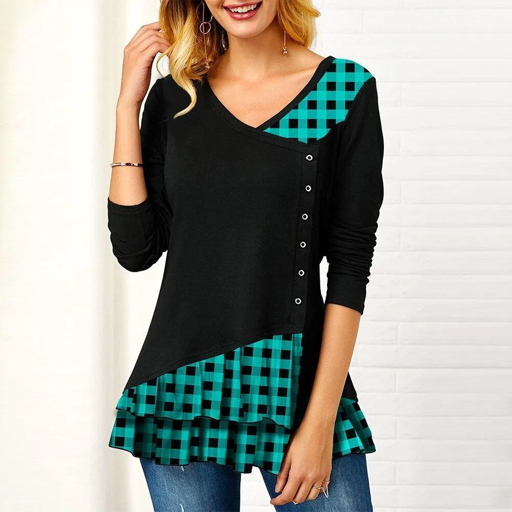 FashionSierra - Plaid Colorblock Button Asymmetric Layered Dress