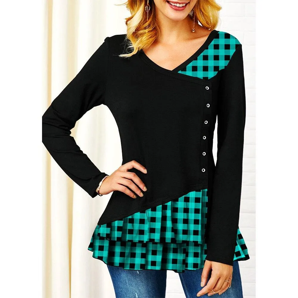 FashionSierra - Plaid Colorblock Button Asymmetric Layered Dress