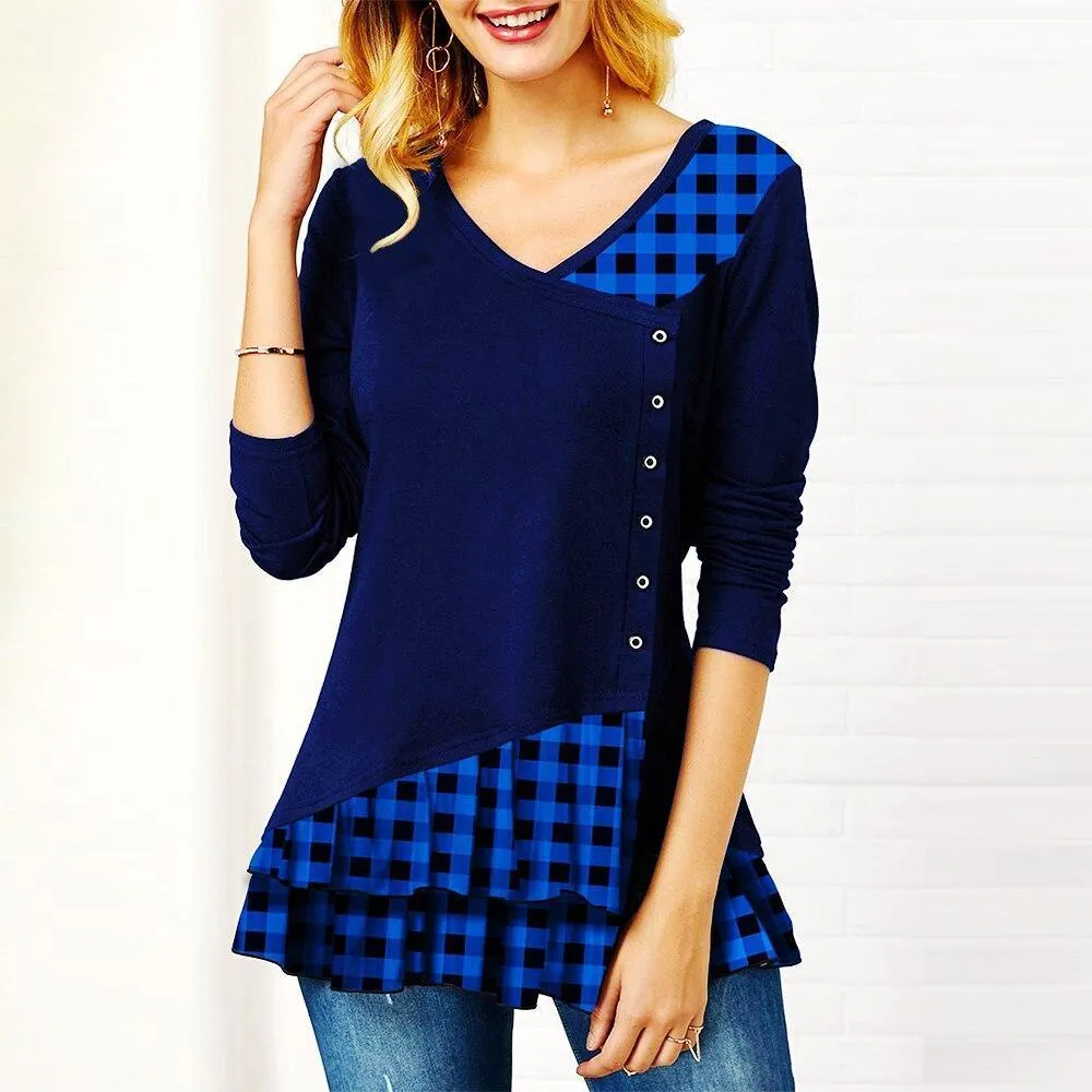 FashionSierra - Plaid Colorblock Button Asymmetric Layered Dress