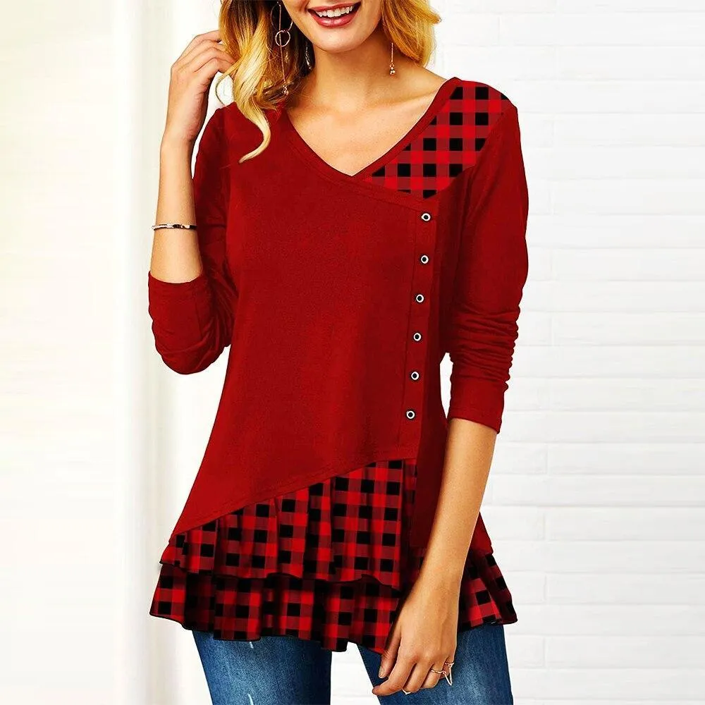 FashionSierra - Plaid Colorblock Button Asymmetric Layered Dress