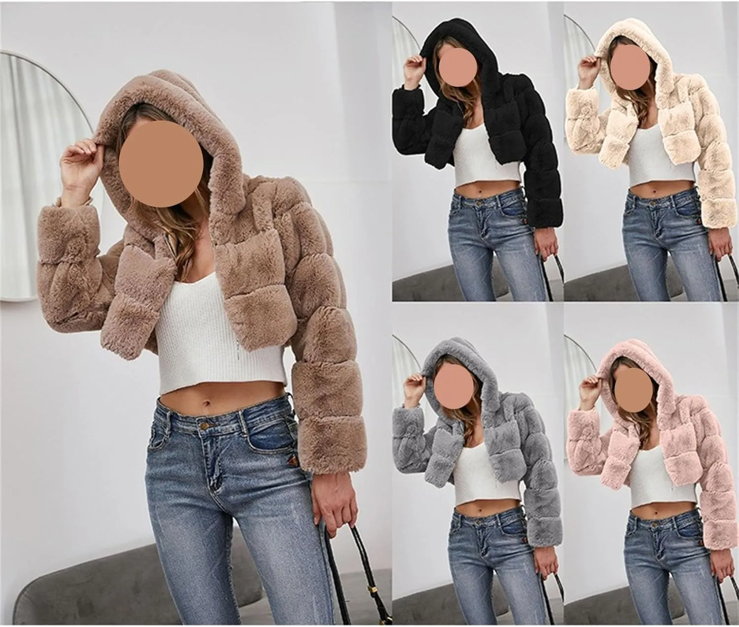 Faux Fur Coat Women Cropped Fuzzy Fleece Lapel Jacket Women's Zip Up Fluffy Crop Jacket Short Hoodie Parka Outwear