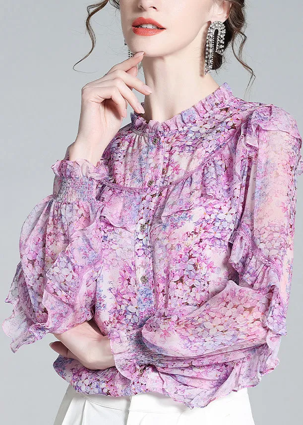 Fine Light Purple Ruffled Print Button Silk Shirts Long Sleeve LY0682