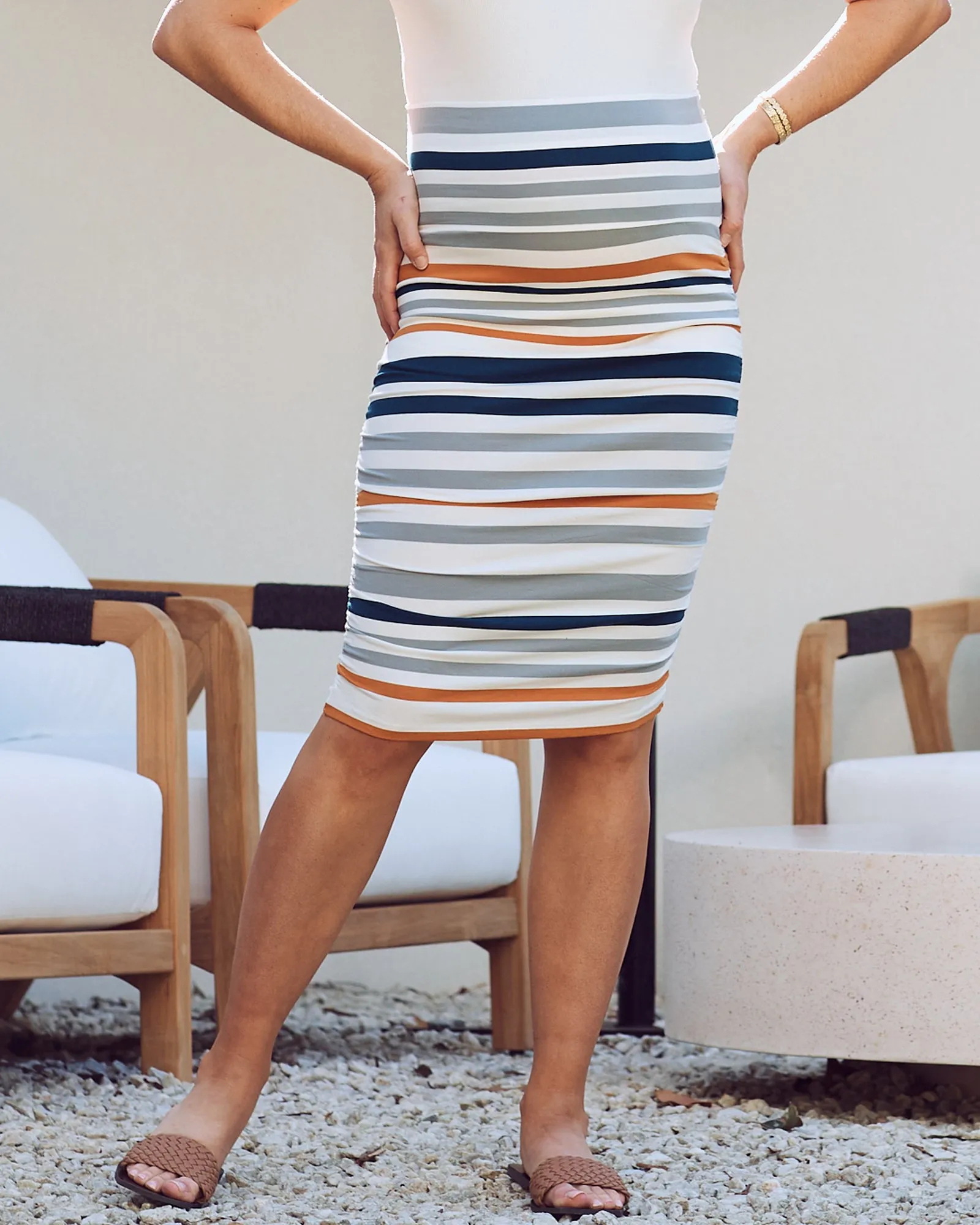 Fitted Maternity Bamboo Skirt - Orange and Blue Stripe