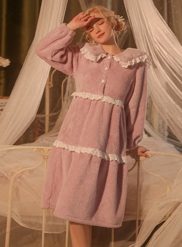 Flannel Lace Stitching Pleated Nightdress