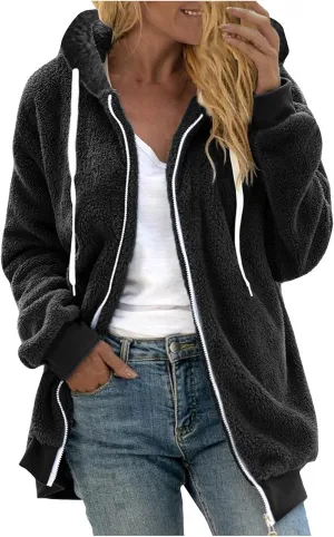 Fleece Jacket Women Plus Size Full Zip Hooded Fuzzy Sherpa Cardigans Coat Casual Lightweight Soft Warm Winter Outwear