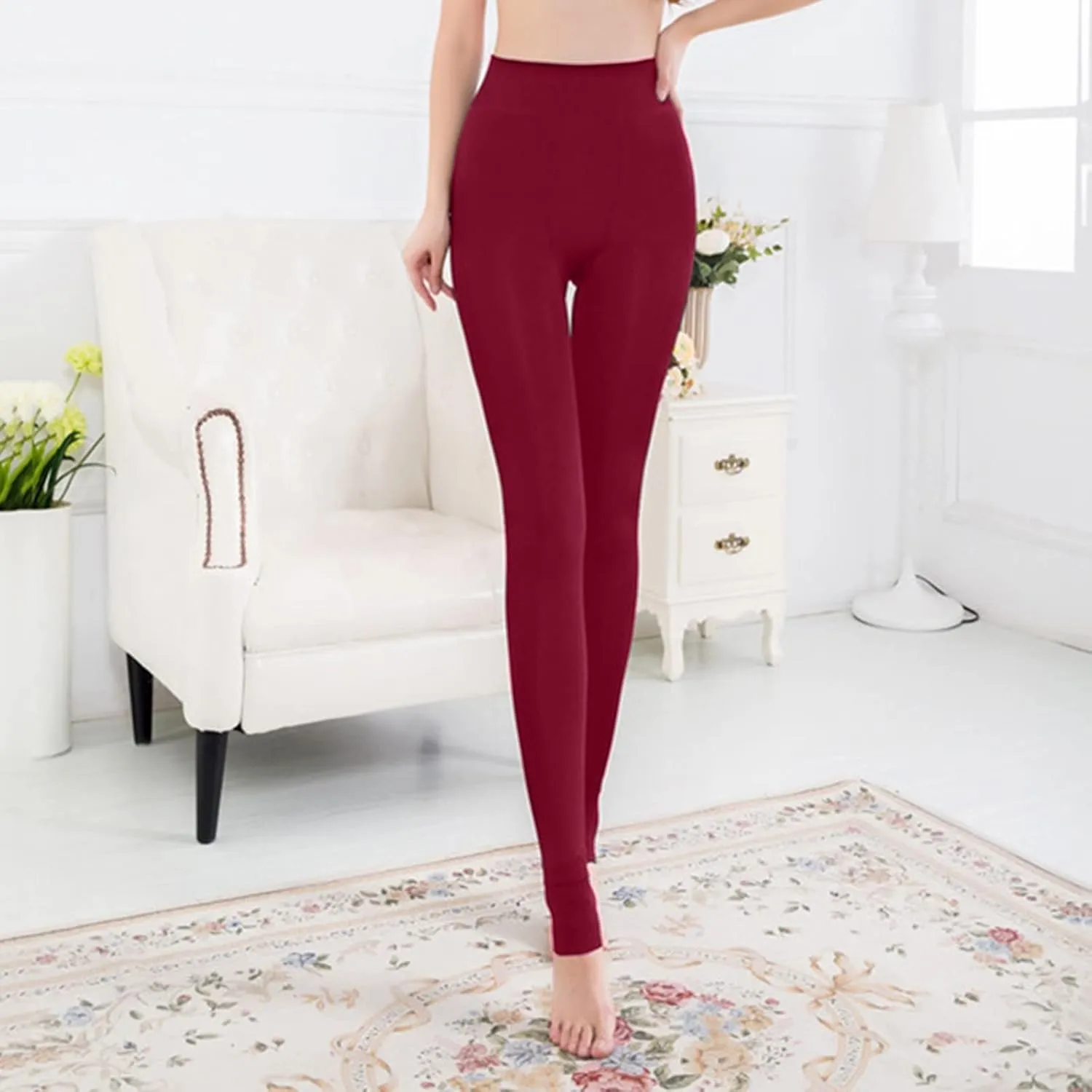 Fleece Lined Leggings with Pockets High Denim Women Solid Elastic Color Pants Thermal Warm Winter Tights Fleece