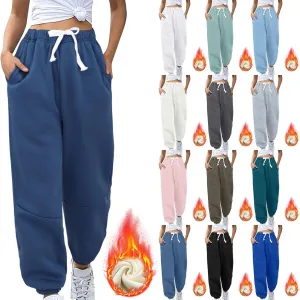 Fleece Lined Sweatpants Sherpa Cargo Pants Thermal High Waisted Joggers Cinch Bottom Drawstring Trousers with Pockets