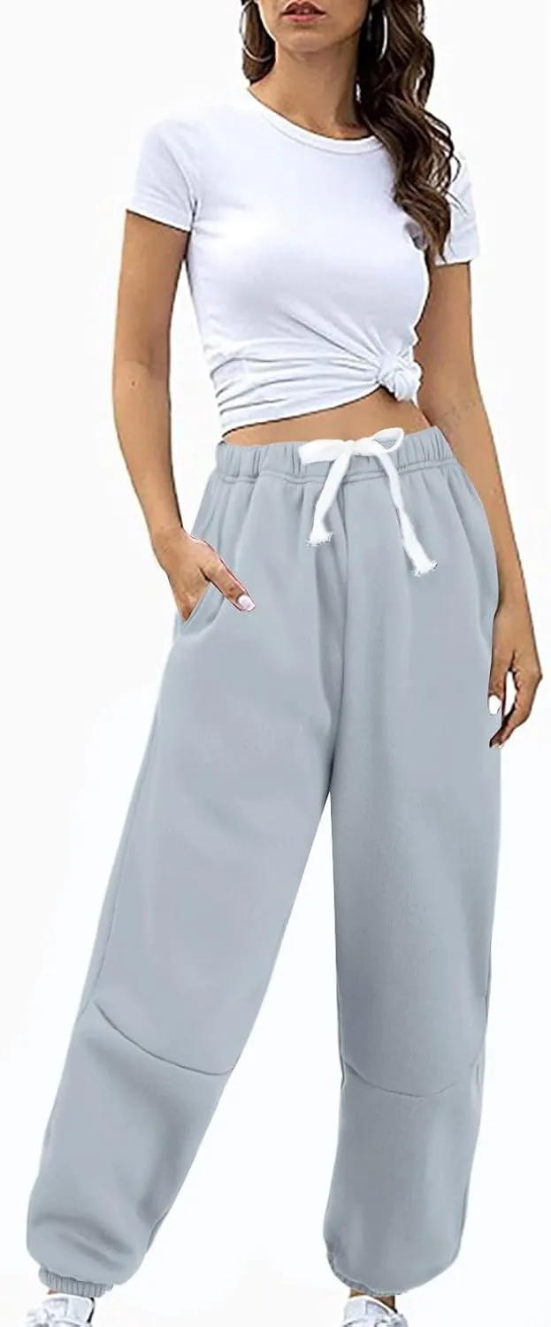 Fleece Lined Sweatpants Sherpa Cargo Pants Thermal High Waisted Joggers Cinch Bottom Drawstring Trousers with Pockets