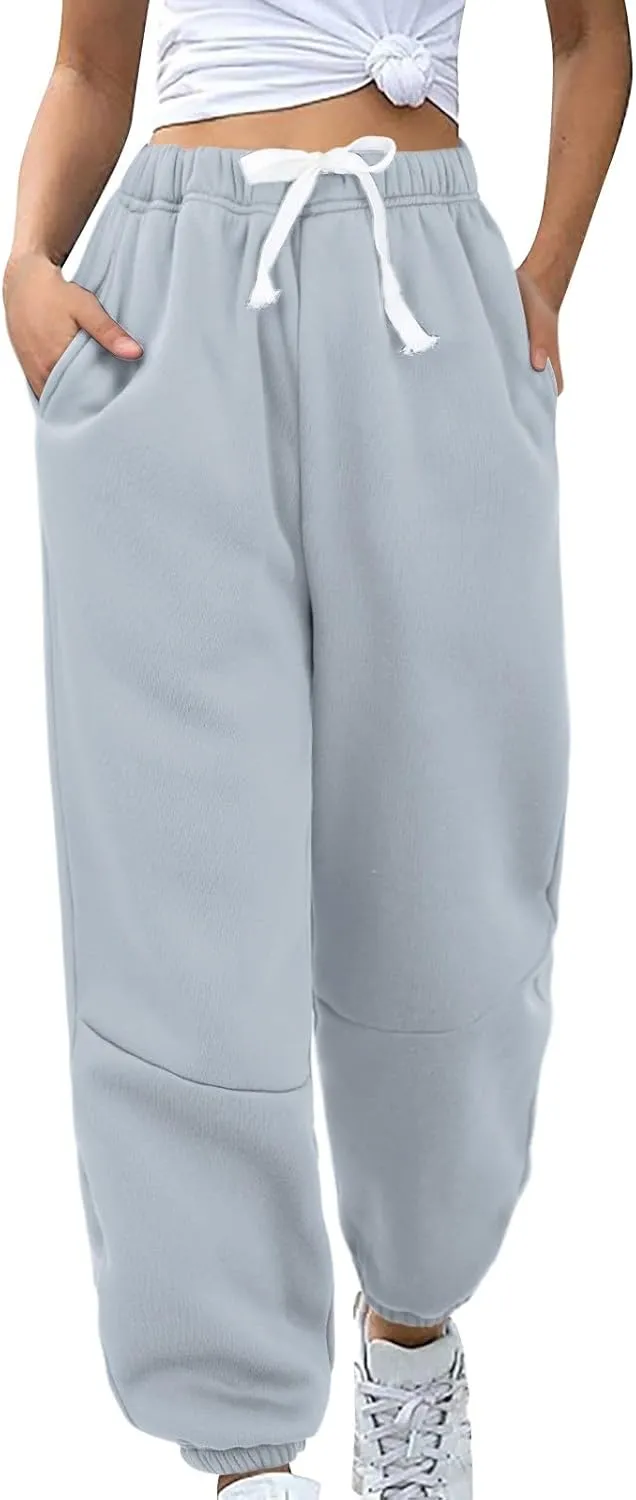 Fleece Lined Sweatpants Sherpa Cargo Pants Thermal High Waisted Joggers Cinch Bottom Drawstring Trousers with Pockets