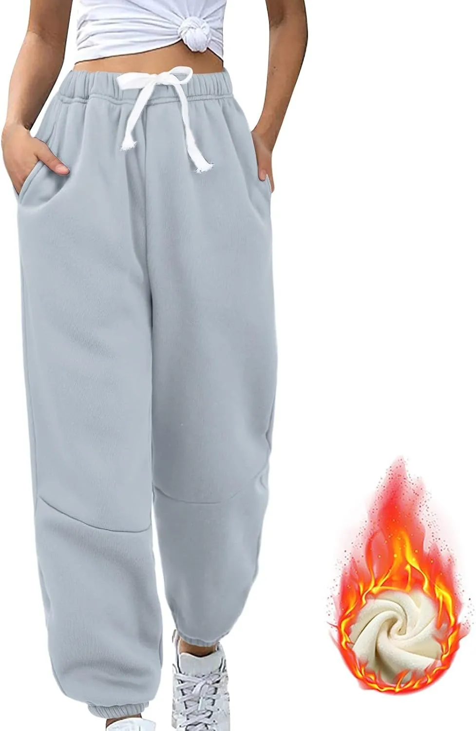 Fleece Lined Sweatpants Sherpa Cargo Pants Thermal High Waisted Joggers Cinch Bottom Drawstring Trousers with Pockets