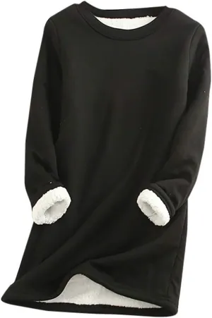 Fleece Lined Sweatshirt Women Winter Warm Sherpa Lined Fleece Crewneck Sweatshirts Pullover Long Sleeve Loungewear