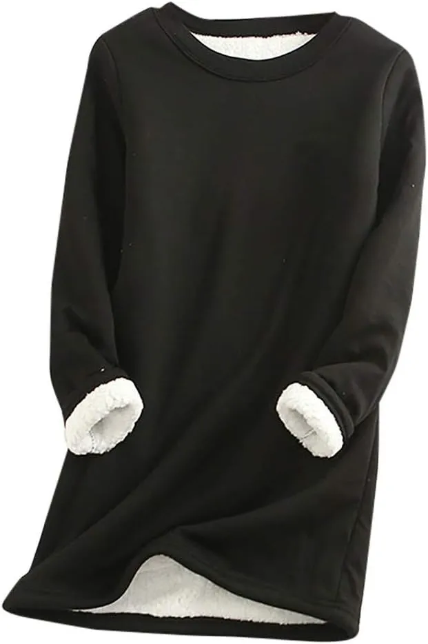 Fleece Lined Sweatshirt Women Winter Warm Sherpa Lined Fleece Crewneck Sweatshirts Pullover Long Sleeve Loungewear