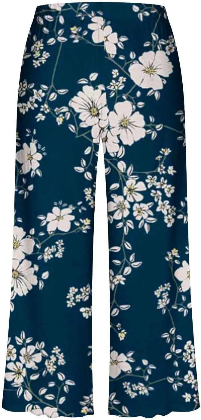Floral Print Capris Pajamas Sets for Women Summer Short Sleeve Sleepwear Top and Capri Pants Pjs Loungewear with Pockets