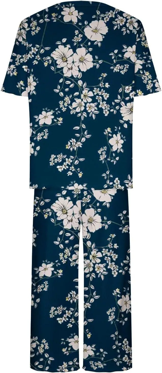 Floral Print Capris Pajamas Sets for Women Summer Short Sleeve Sleepwear Top and Capri Pants Pjs Loungewear with Pockets