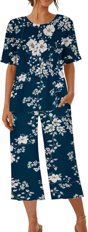 Floral Print Capris Pajamas Sets for Women Summer Short Sleeve Sleepwear Top and Capri Pants Pjs Loungewear with Pockets