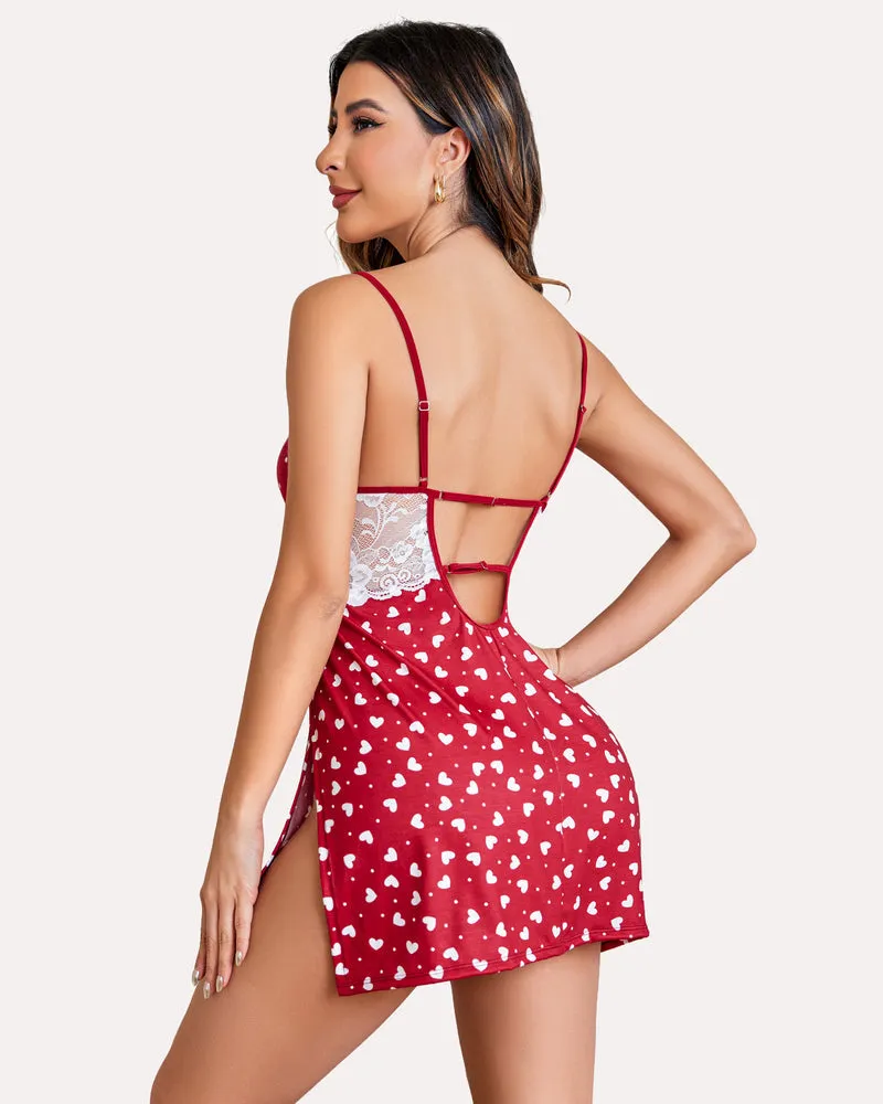 Flower Print Lace Side Slit Sleepwear