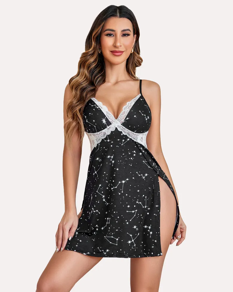 Flower Print Lace Side Slit Sleepwear