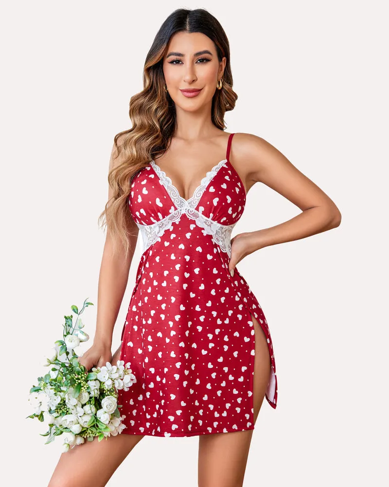 Flower Print Lace Side Slit Sleepwear