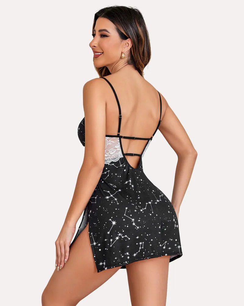Flower Print Lace Side Slit Sleepwear