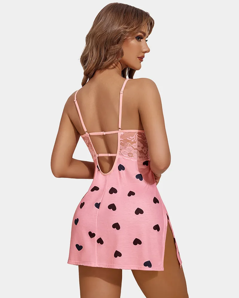 Flower Print Lace Side Slit Sleepwear