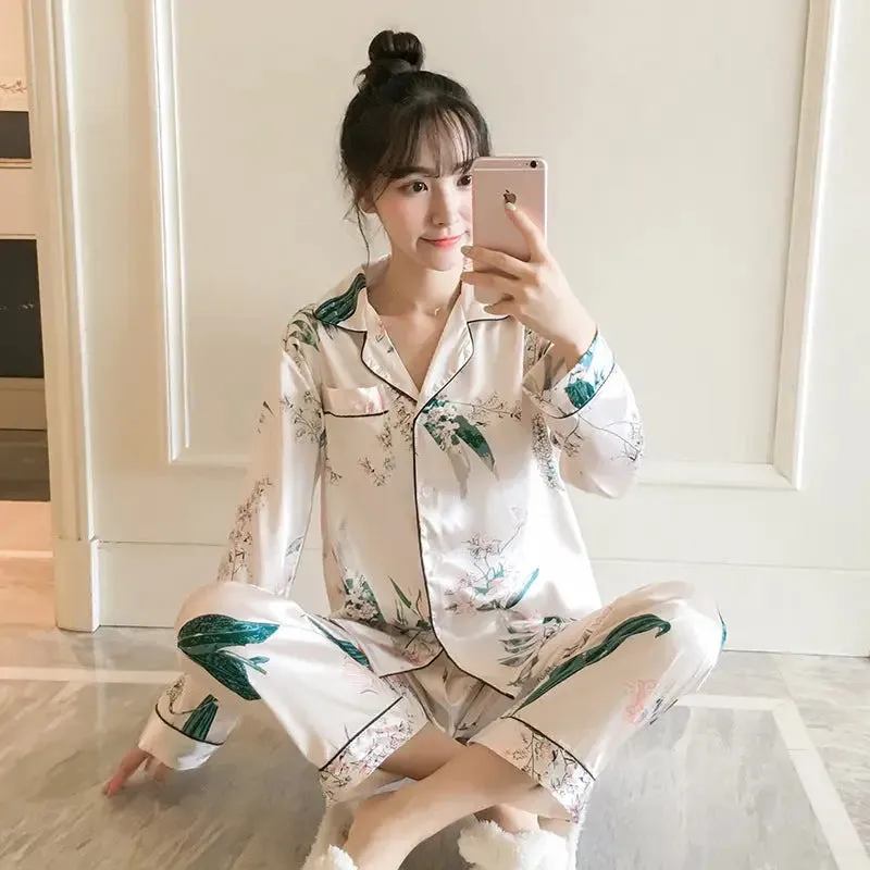 Flowers and Leaves Ice Silk 2 Piece Set Long Sleeve Pajama