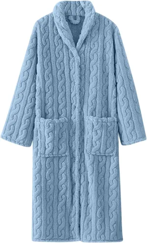 Fluffy Cable Knit Robe for Women Plush Soft Long Bathrobe Front Button Cardigan Comfy Housecoat Lounge Nightwear