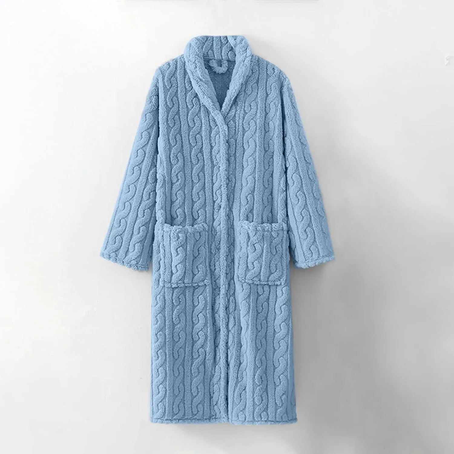 Fluffy Cable Knit Robe for Women Plush Soft Long Bathrobe Front Button Cardigan Comfy Housecoat Lounge Nightwear