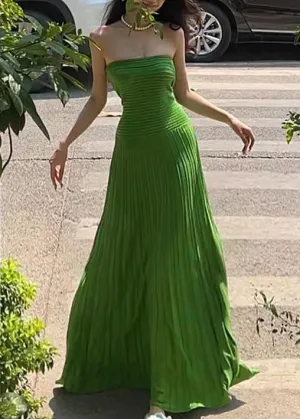 FLYTONN- Holiday Style Green Strapless Ice Silk Waist Cinching Dress Summer EE1015