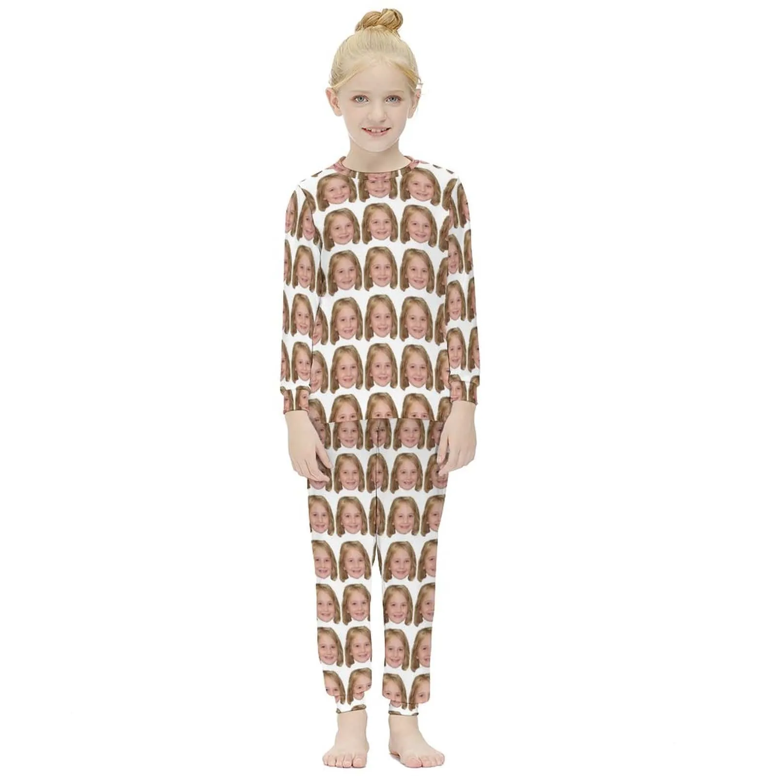 #For 6-12Y Custom Face Seamless Pajamas White Nightwear Personalized Kids Long Sleeve Pajama Set