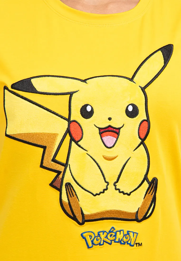 Forest Ladies Pokémon Coral Fleece Textured Embroidered Pikachu Round Neck Tshirt Women | T Shirt Perempuan - FP821000