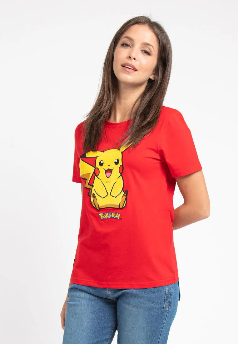 Forest Ladies Pokémon Coral Fleece Textured Embroidered Pikachu Round Neck Tshirt Women | T Shirt Perempuan - FP821000